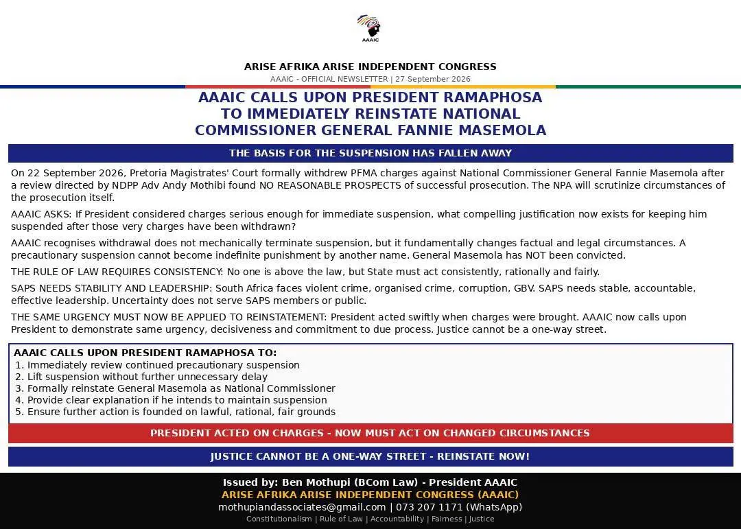 AAAIC newsletter calling for the reinstatement of National Commissioner General Fannie Masemola