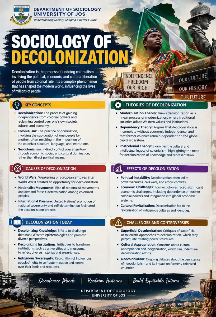 Educational infographic poster about decolonization from the Department of Sociology, University of Jos