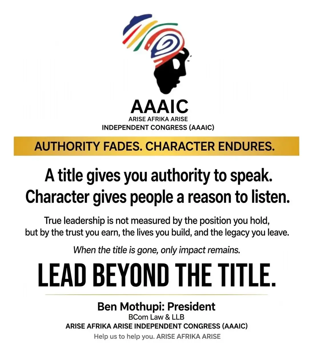 AAAIC leadership poster: Authority Fades, Character Endures — Lead Beyond the Title