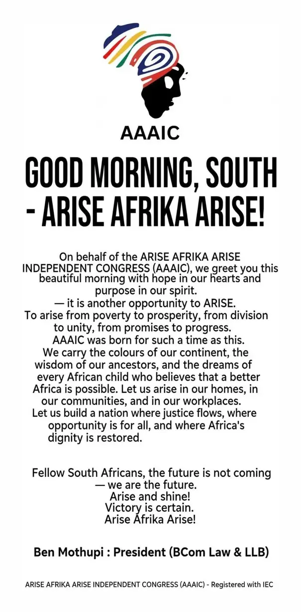 AAAIC greeting poster: Good Morning, South Africa — Arise Afrika Arise