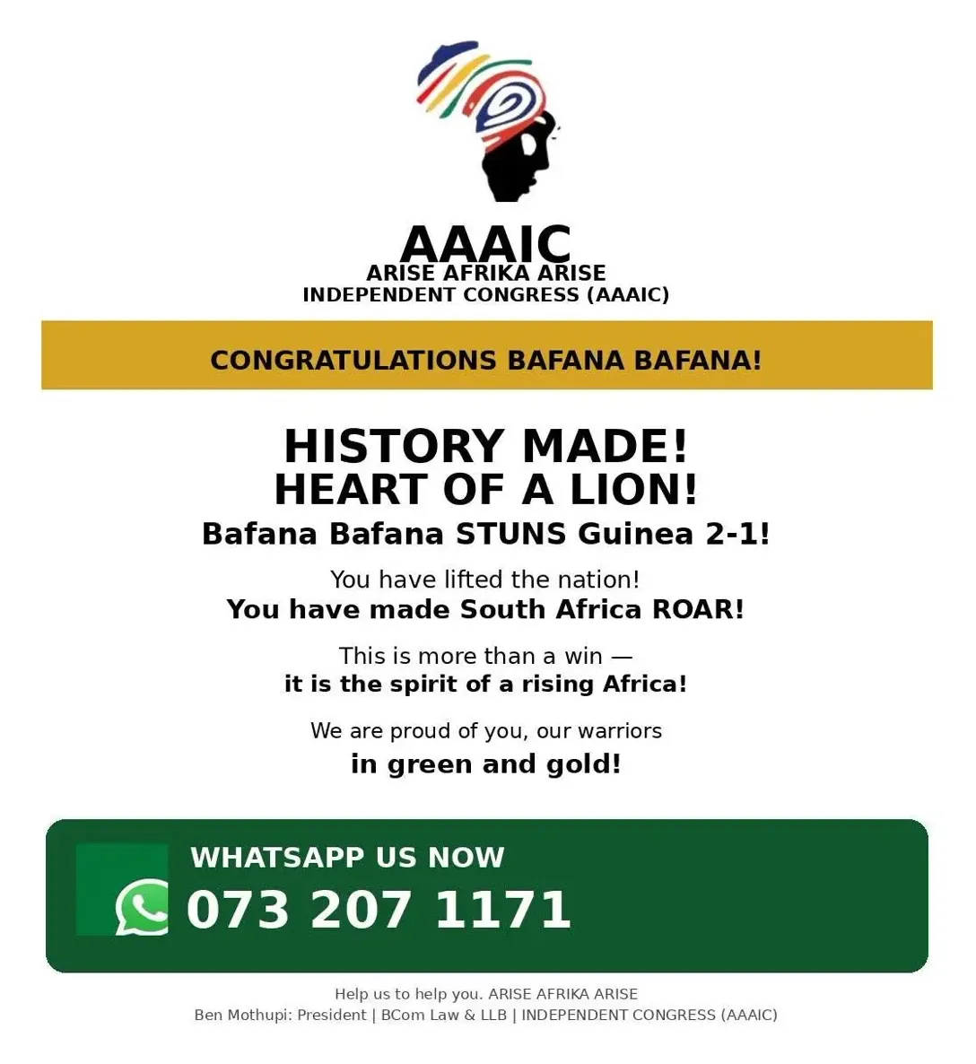 AAAIC congratulatory poster for Bafana Bafana's 2-1 win over Guinea
