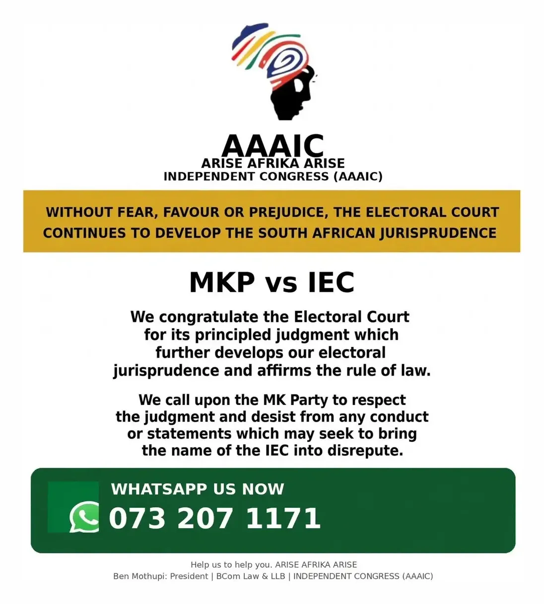 AAAIC statement on the Electoral Court judgment in MKP vs IEC
