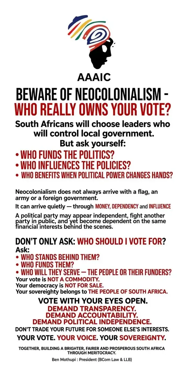 AAAIC poster: Beware of Neocolonialism — Who Really Owns Your Vote?